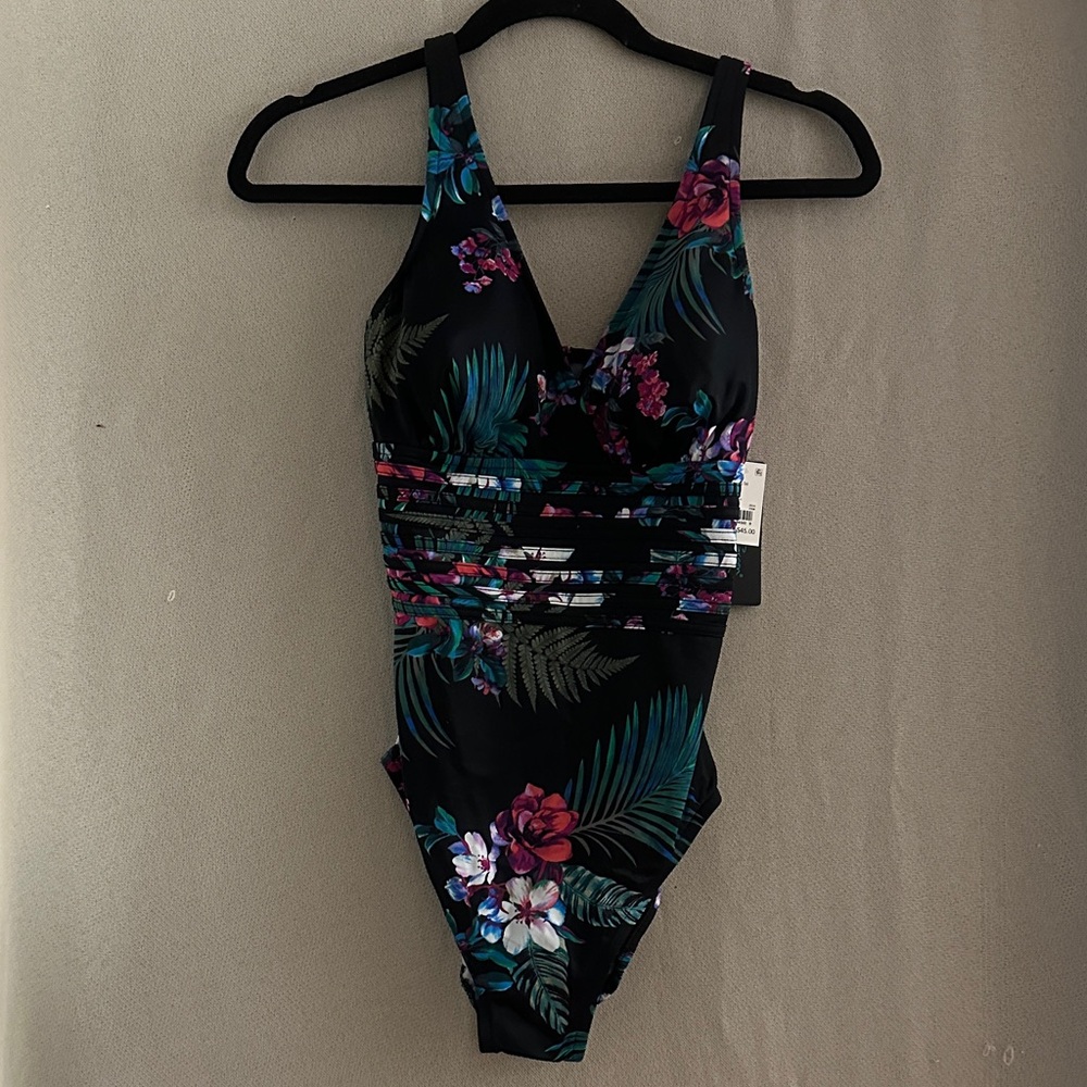 Aqua Green Floral Black One Piece Swimsuit